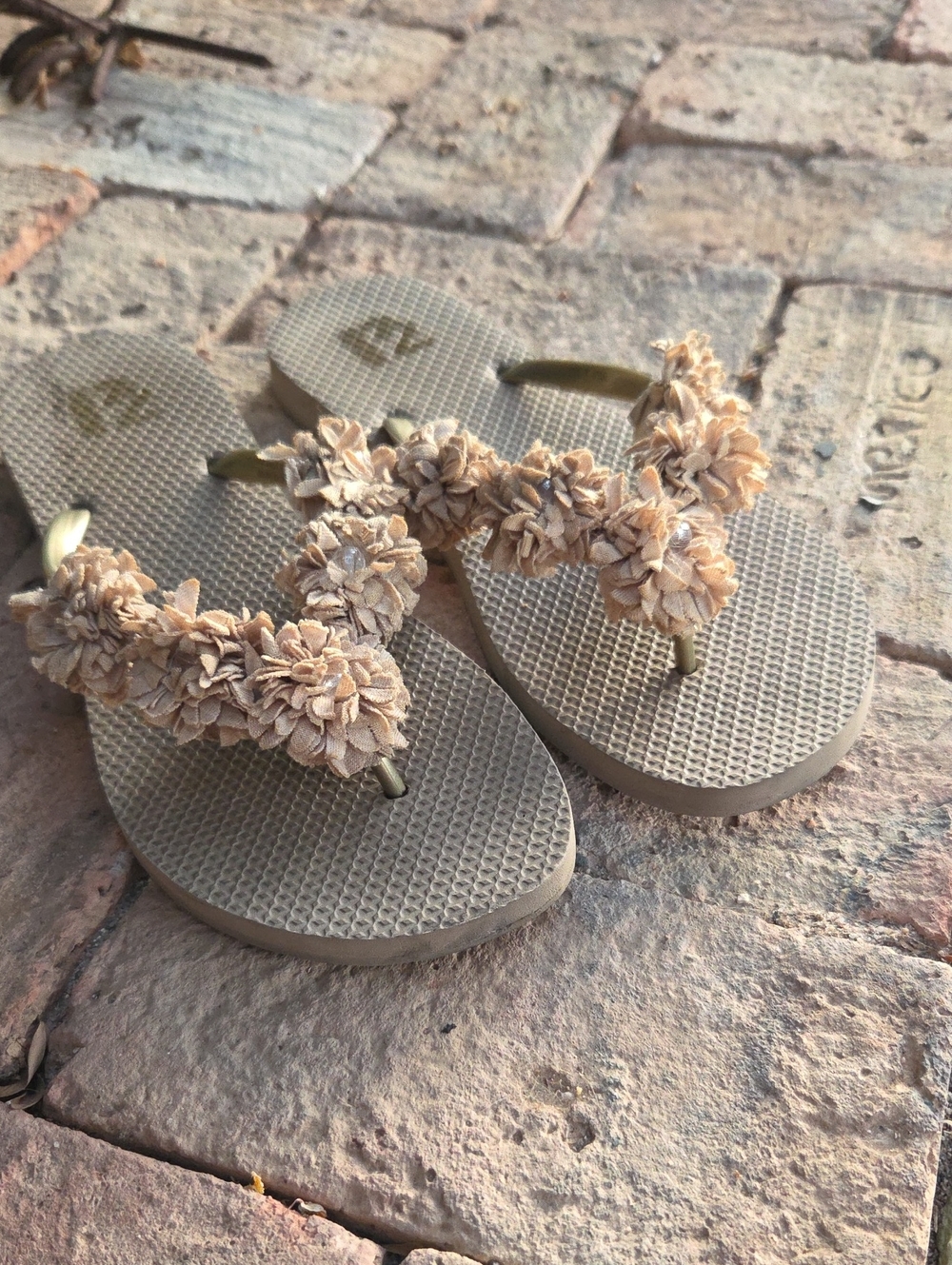 Beige Floral Embellished Flip Flops
